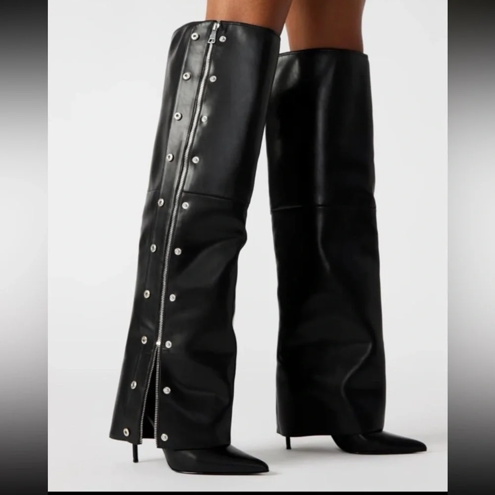 Steve‎ Madden Stone Black Leather Knee-High Women's Heeled Buttoned Boots